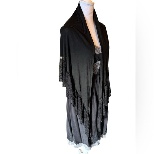 Betsey Johnson Black Shawl with Lace Trim One Size