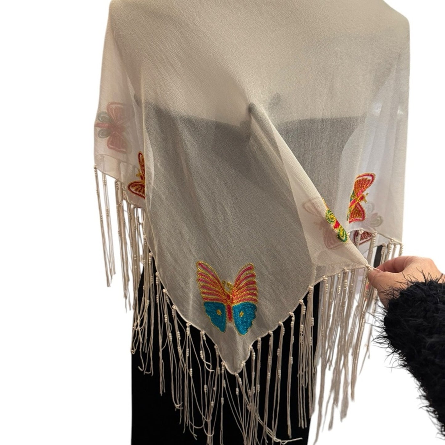 Embroidered Bohemian Fringe Beaded Butterfly Shawl